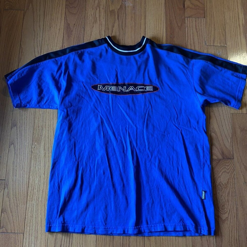 Vintage Menace Skateboarding Shirt 90s Made In USA Size L Spell Out Blue